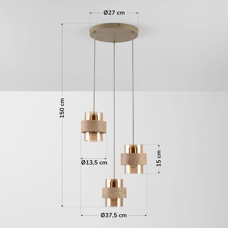 Hanglamp Sani met 3 kappen van travertin en amber glas - beige