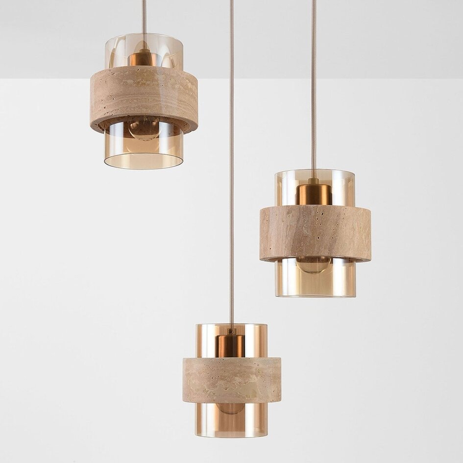 Hanglamp Sani met 3 kappen van travertin en amber glas - beige