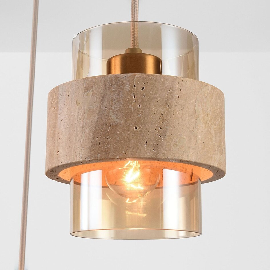 Hanglamp Sani met 3 kappen van travertin en amber glas - beige