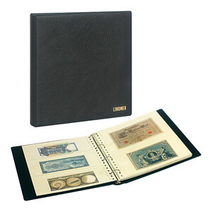 Album SRS, incl. 20 Klarsicht Blätter (10 x 830, 10 x 831) - 2 / 3 er Einteilung:  240 x 140/90 mm - Schwarz, incl Schutzkassette - 4 Ringe - Abm: 305 x 317 x 50