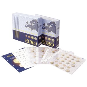 Album Karat 1108 (E), incl. 7 sheets (1108-1, 2, 3, 7, 16, 19, 22) - suitable for Euro (1 ct./ 2 euro) - Design Euro Coins, incl slipcase - 4 Rings - Dim: 230 x 240 x 55