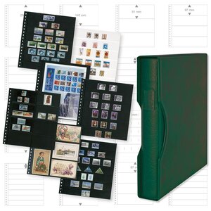 Kombi-Angebot; Album Regular (1124), incl. 20 Omnia Blätter (06) - 6 er Einteilung  - Grün, incl Schutzkassette - 18 Ringe - Abm: 305 x 317 x 50