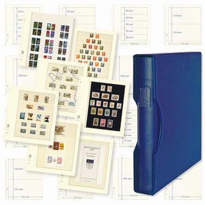 Kombi-Angebot; Album Regular (1124), incl. 20 T-Blanko Blätter (802800) - 8 er Einteilung  - Blau, incl Schutzkassette - 18 Ringe - Abm: 305 x 317 x 50