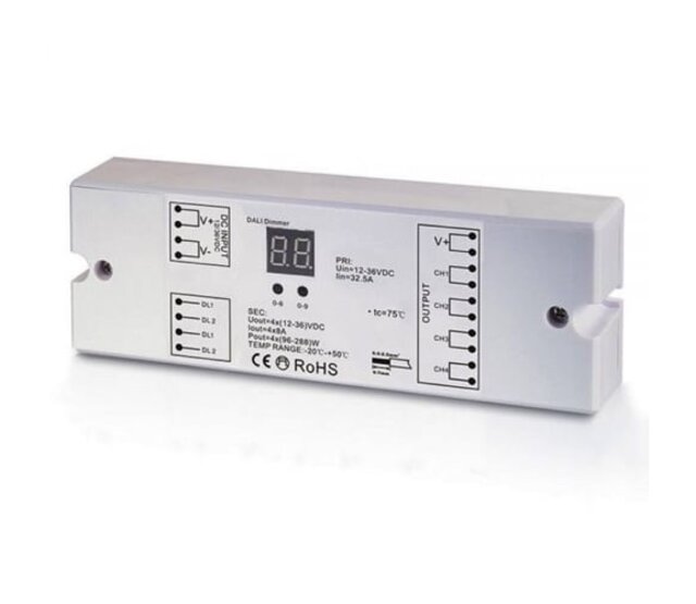 4-Kanal DALI LED-Controller für LED-Streifen – 4*5A, 20A Gesamtleistung, dimmbar, ideal für professionelle Beleuchtungssteuerung in Gebäuden 4-Kanal DALI LED-Controller für LED-Streifen – 4*5A, 20A Gesamtleistung, dimmbar, ideal für professionelle Beleuchtungssteuerung in Gebäuden