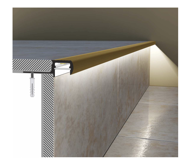 LED Treppenprofil Trap03 in Messing-Optik – 1,1 m, Aluminium messingbeschichtet | Für edle Außen- & Innen-Treppen