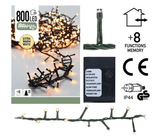 Cluster LED-Weihnachtsbeleuchtung – Extra Warmweiß (2700K) – 16 Meter – 800 LEDs mit 8 Funktionen – IP44 Wasserschutz – LUKSUS – Innen- und Außendekoration