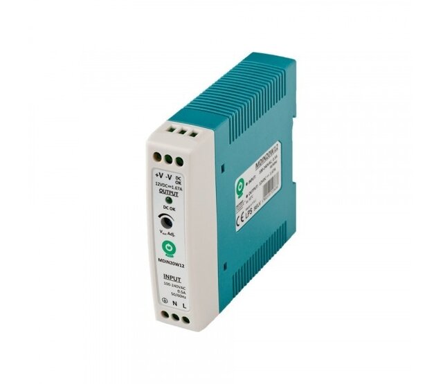 DIN-Schienen-Netzteil 20 Watt 12 Volt 1,67 Ampere für LED-Streifen - IP20 Schutzklasse, kompakt & effizient für Beleuchtungsprojekte DIN-Schienen-Netzteil 20 Watt 12 Volt 1,67 Ampere für LED-Streifen - IP20 Schutzklasse, kompakt & effizient für Beleuchtungsprojekte