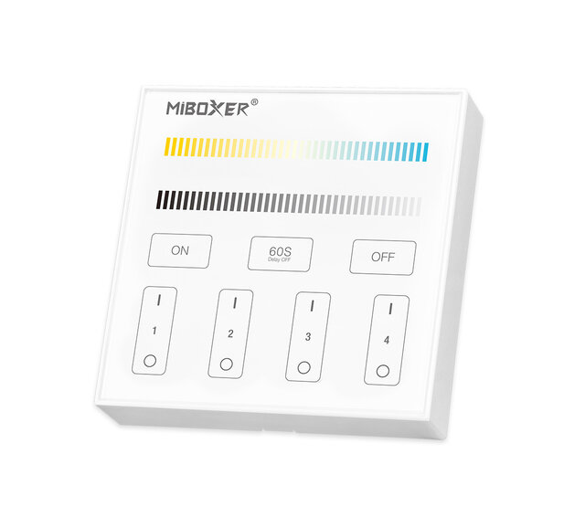 Draadloser Dual White Wanddimmer – Miboxer B2 Wandpaneel für LED Streifen, 24V DC, 2-Kanal, 6A max., App-Steuerung, Touch-Bedienung, kompatibel mit Smart-Home-Systemen, dimmbare LED-Beleuchtung