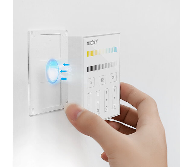 Draadloser Dual White Wanddimmer – Miboxer B2 Wandpaneel für LED Streifen, 24V DC, 2-Kanal, 6A max., App-Steuerung, Touch-Bedienung, kompatibel mit Smart-Home-Systemen, dimmbare LED-Beleuchtung