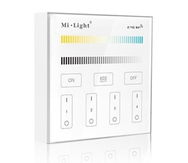 Draadloser Dual White Wanddimmer – Miboxer B2 Wandpaneel für LED Streifen, 24V DC, 2-Kanal, 6A max., App-Steuerung, Touch-Bedienung, kompatibel mit Smart-Home-Systemen, dimmbare LED-Beleuchtung