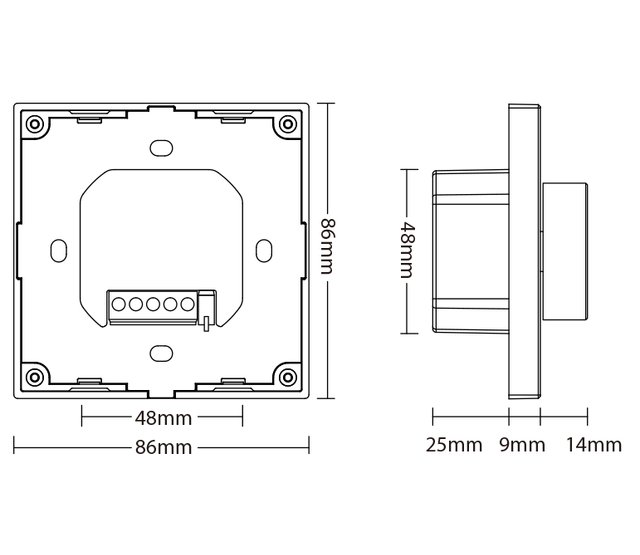 Einbau-LED-Wanddimmer – Drahtlos & kabelgebunden – Miboxer P0 Wandpaneel für LED-Streifen, 12-24V, 144W, Touchbedienung, App-Steuerung, Smart-Home-fähig, dimmbar, schwarz, 86x86mm
