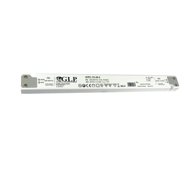 SLIM LED-Treiber 75 Watt 24 Volt 3,125 Ampere – IP20 – kompakt – GLP-zertifiziert – GTPC-75-24-S – für LED-Streifen & Beleuchtung SLIM LED-Treiber 75 Watt 24 Volt 3,125 Ampere – IP20 – kompakt – GLP-zertifiziert – GTPC-75-24-S – für LED-Streifen & Beleuchtung