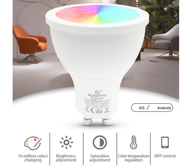 Gledopto Zigbee GU10 LED Spot RGBCCT 4W (2000K-6500K) – Dimmbare RGB+CCT LED-Lampe mit Farbtemperaturregelung, Smart Home-fähig, 36° Abstrahlwinkel, 350lm, für Alexa & Google Home