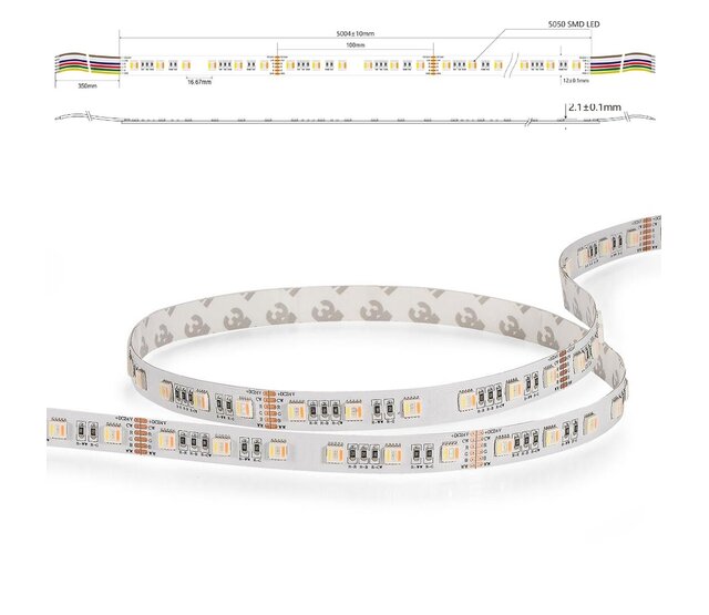 RGB+CCT LED Streifen 21W 1980 Lumen 84 LEDs pro Meter 24V DC IP20 – 5 Meter Hochleistungs-LED-Streifen mit RGB- und Weißlichtsteuerung