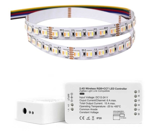 RGB+CCT LED Streifen 21W 1980 Lumen 84 LEDs pro Meter 24V DC IP20 – 5 Meter Hochleistungs-LED-Streifen mit RGB- und Weißlichtsteuerung