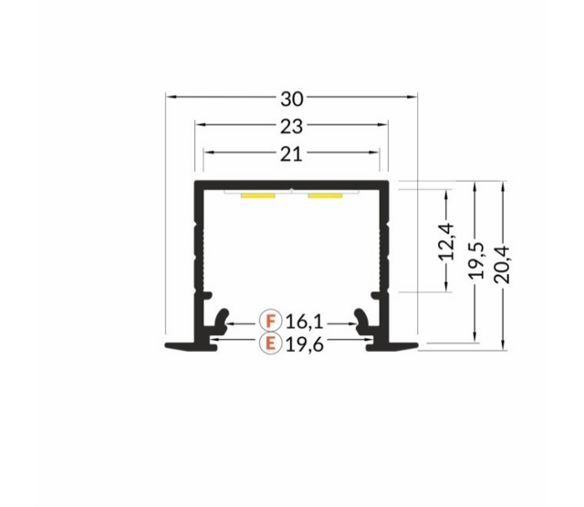 LED Aluminiumprofil 2 Meter mit Abdeckung, 30x20,4mm, für LED Streifen bis 16,4mm, Einbauprofil 20INBOUW-ALU aus eloxiertem Aluminium