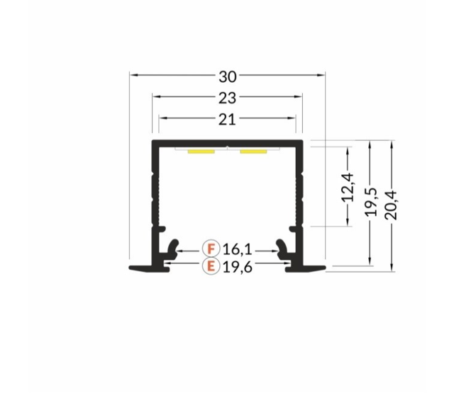 LED Aluminiumprofil 2 Meter mit Diffusorabdeckung, 30mm x 20,4mm, für 20mm breite LED Streifen, Einbauleiste in Weiß, hochwertige Lichtstreuung, präzise Maße