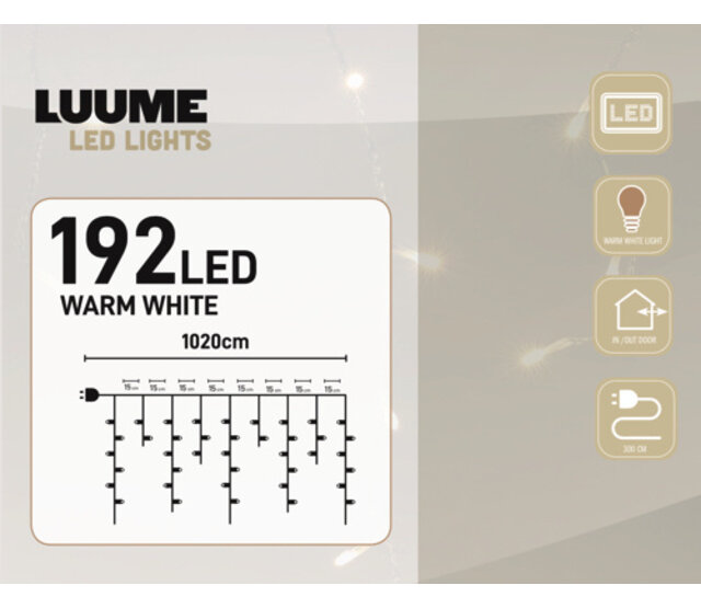 Luume LED-Eiszapfen-Lichterkette, 7 Meter, 192 Eiszapfen, Warmweiß (2700K), Innen- & Außenbeleuchtung, IP44, 24V Niedervolt, Energieeffizient, Weihnachtsdeko für Haus & Garten Luume LED-Eiszapfen-Lichterkette, 7 Meter, 192 Eiszapfen, Warmweiß (2700K), Innen- & Außenbeleuchtung, IP44, 24V Niedervolt, Energieeffizient, Weihnachtsdeko für Haus & Garten