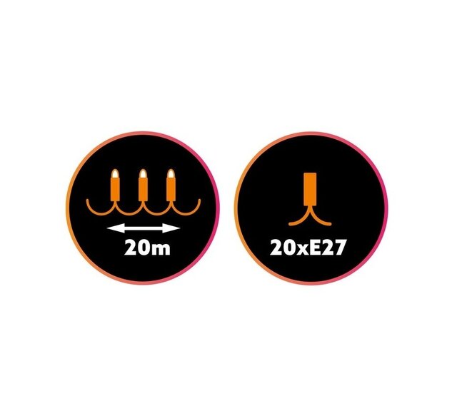 10m koppelbare LED Partybeleuchtung mit 20 E27 Sockeln – IP44 wasserfest, 230V, 20W, Steckverbindung, für Innen- und Außenbereich, warmweiß/kaltweiß, dimmbar 10m koppelbare LED Partybeleuchtung mit 20 E27 Sockeln – IP44 wasserfest, 230V, 20W, Steckverbindung, für Innen- und Außenbereich, warmweiß/kaltweiß, dimmbar