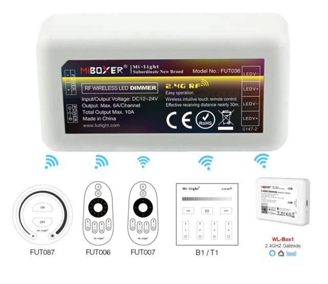 Drahtloses Dimmer-Set mit Aufputz-Wanddimmer – Milight FUT087 Fernbedienung + Controller für LED-Streifen und RGBW-Lampen, 2,4 GHz Funk, max. 1000 W, kompatibel mit Smart-Home-Systemen
