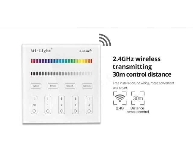 LED Streifen RGB/RGBW/RGBWW Wanddimmer draadlos 4-Zonen – B3 | 24V/12V, 144W max, App-Steuerung, Touch-Bedienung, Smart Home-fähig, dimmbar, 2,4 GHz Funktechnologie LED Streifen RGB/RGBW/RGBWW Wanddimmer draadlos 4-Zonen – B3 | 24V/12V, 144W max, App-Steuerung, Touch-Bedienung, Smart Home-fähig, dimmbar, 2,4 GHz Funktechnologie