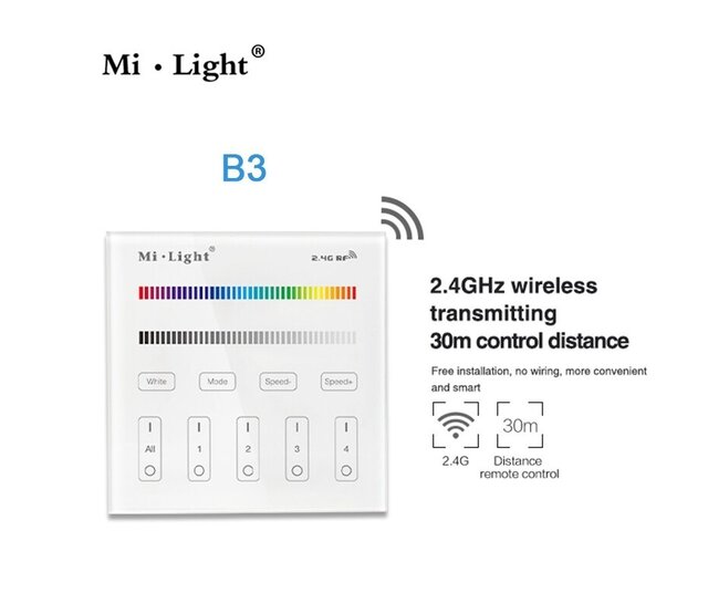 LED Streifen RGB/RGBW/RGBWW Wanddimmer draadlos 4-Zonen – B3 | 24V/12V, 144W max, App-Steuerung, Touch-Bedienung, Smart Home-fähig, dimmbar, 2,4 GHz Funktechnologie LED Streifen RGB/RGBW/RGBWW Wanddimmer draadlos 4-Zonen – B3 | 24V/12V, 144W max, App-Steuerung, Touch-Bedienung, Smart Home-fähig, dimmbar, 2,4 GHz Funktechnologie