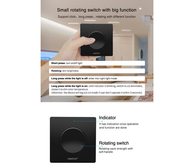 MiBoxer Drahtloser SCHWARZER LED Streifen Wanddimmer - Funk-Wanddimmer MIBOXER K1B für LED Beleuchtung, 24V/12V, 8A, 96W, kompatibel mit Smart Home, einfach zu installieren, moderne Lichtsteuerung MiBoxer Drahtloser SCHWARZER LED Streifen Wanddimmer - Funk-Wanddimmer MIBOXER K1B für LED Beleuchtung, 24V/12V, 8A, 96W, kompatibel mit Smart Home, einfach zu installieren, moderne Lichtsteuerung