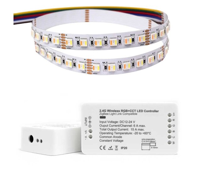 Smarthome Zigbee RGBCCT LED Streifen Set 2240LM, 96LED/m, 24V DC, 5 Meter – Vollständige RGB+CCT Beleuchtung mit App-Steuerung für intelligentes Wohnen Smarthome Zigbee RGBCCT LED Streifen Set 2240LM, 96LED/m, 24V DC, 5 Meter – Vollständige RGB+CCT Beleuchtung mit App-Steuerung für intelligentes Wohnen