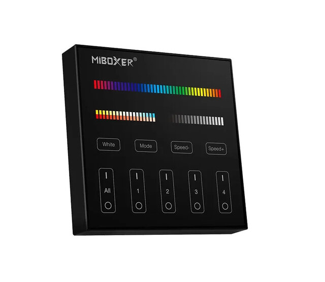 Draadloser LED-Wanddimmer schwarz B4-B Miboxer – 4-Zonen-Steuerung (RGB+CCT) für LED-Streifen, kompatibel mit Smart-Home-Systemen, präzise Helligkeits- und Farbregelung, inkl. Fernbedienung, max. 144W/Zone, 24V/12V DC Draadloser LED-Wanddimmer schwarz B4-B Miboxer – 4-Zonen-Steuerung (RGB+CCT) für LED-Streifen, kompatibel mit Smart-Home-Systemen, präzise Helligkeits- und Farbregelung, inkl. Fernbedienung, max. 144W/Zone, 24V/12V DC