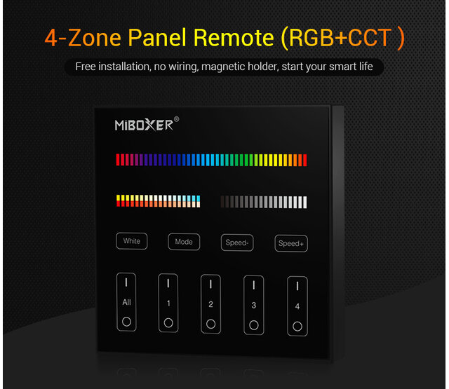 Draadloser LED-Wanddimmer schwarz B4-B Miboxer – 4-Zonen-Steuerung (RGB+CCT) für LED-Streifen, kompatibel mit Smart-Home-Systemen, präzise Helligkeits- und Farbregelung, inkl. Fernbedienung, max. 144W/Zone, 24V/12V DC Draadloser LED-Wanddimmer schwarz B4-B Miboxer – 4-Zonen-Steuerung (RGB+CCT) für LED-Streifen, kompatibel mit Smart-Home-Systemen, präzise Helligkeits- und Farbregelung, inkl. Fernbedienung, max. 144W/Zone, 24V/12V DC