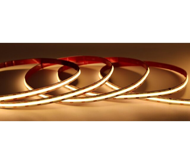 COB LED Streifen 5 mm warmweiß 3000K – 24 V, 5 W/m, 850 lm/m, CRI 90, 384 LED/m, IP20, 5 m Rolle