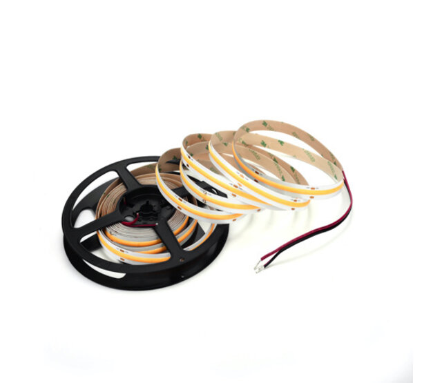 COB LED Streifen 5 mm warmweiß 3000K – 24 V, 5 W/m, 850 lm/m, CRI 90, 384 LED/m, IP20, 5 m Rolle