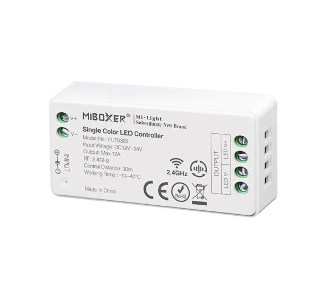 Professioneller 1-Zonen LED-Streifen Controller - Miboxer FUT036S PRO - Einfarbige LED-Steuerung, 12-24V, 6A, 72W, PWM-Technologie, Fernbedienung, kompatibel mit RGBW/LED-Streifen Professioneller 1-Zonen LED-Streifen Controller - Miboxer FUT036S PRO - Einfarbige LED-Steuerung, 12-24V, 6A, 72W, PWM-Technologie, Fernbedienung, kompatibel mit RGBW/LED-Streifen