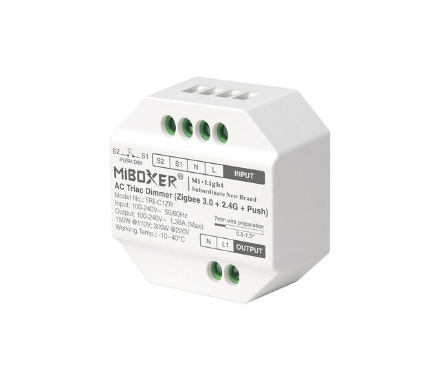 Drahtloser ZIGBEE LED-Dimmer für TRIAC-LED-Dimmer – Miboxer TR1-C1ZE – Steuerung von LED-Streifen & Leuchten, 230V, 150W max, kompatibel mit Smart-Home-Systemen, einfach zu installieren