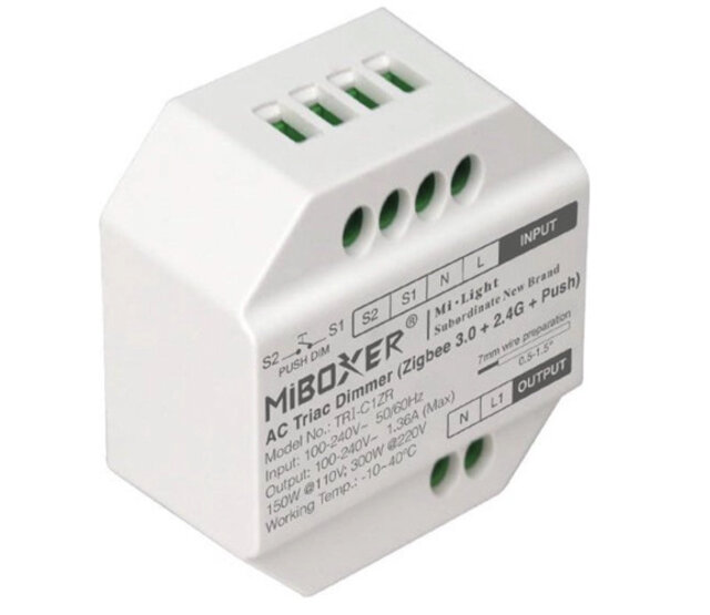 Drahtloser ZIGBEE LED-Dimmer für TRIAC-LED-Dimmer – Miboxer TR1-C1ZE – Steuerung von LED-Streifen & Leuchten, 230V, 150W max, kompatibel mit Smart-Home-Systemen, einfach zu installieren
