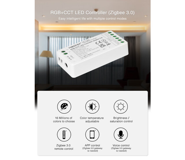 3-in-1 Zigbee + 2,4 GHz LED Controller für RGB/RGBW/RGBWW/RGBCCT LED Streifen 12-24V – FUT037Z+ | Smart Home Steuerung, dimmbar, kompatibel mit Alexa & Google Home