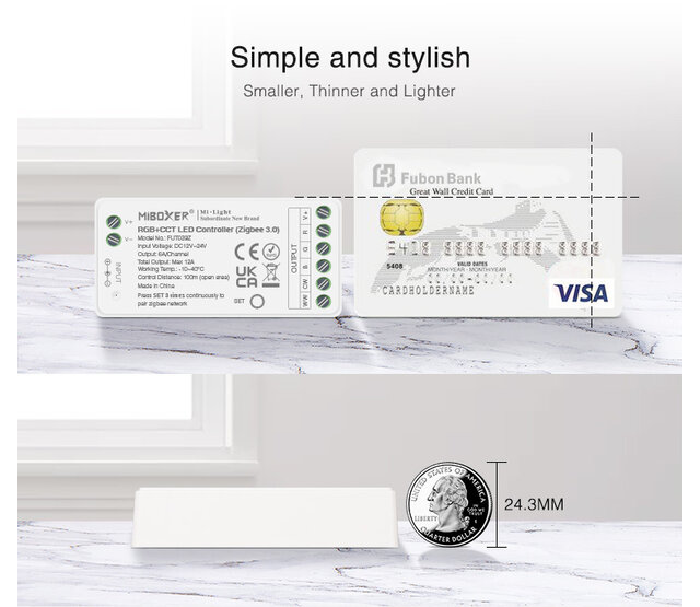 3-in-1 Zigbee + 2,4 GHz LED Controller für RGB/RGBW/RGBWW/RGBCCT LED Streifen 12-24V – FUT037Z+ | Smart Home Steuerung, dimmbar, kompatibel mit Alexa & Google Home