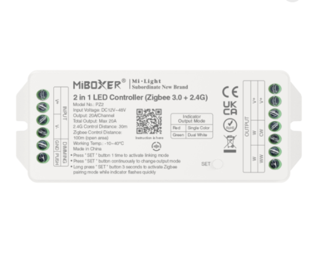 Professioneller Zigbee LED-Controller 2-in-1 für Single Color & Dual White LED-Streifen 12-24-48V – PZ2 | Präzise Steuerung, Kompatibel mit Smart Home, Energieeffizient Professioneller Zigbee LED-Controller 2-in-1 für Single Color & Dual White LED-Streifen 12-24-48V – PZ2 | Präzise Steuerung, Kompatibel mit Smart Home, Energieeffizient