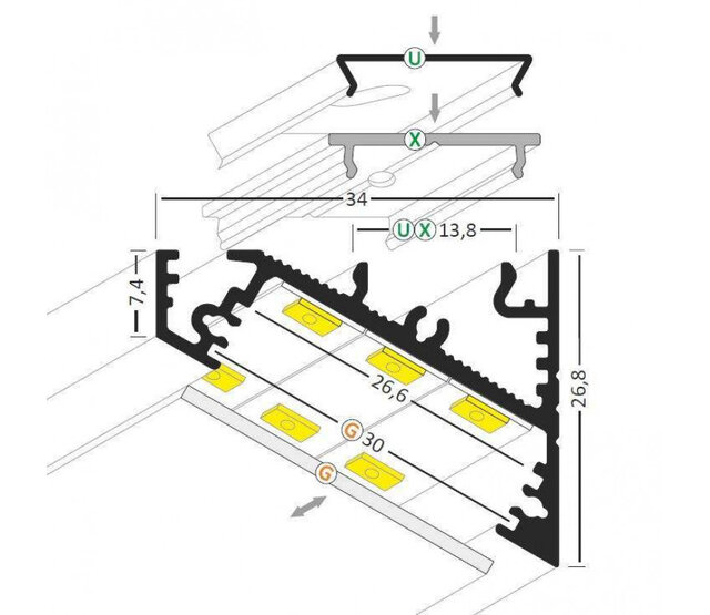 Schwarzes LED-Aluminium-Hohlkammerprofil 34 x 26,8 mm mit opaler Abdeckung für LED-Streifen bis 12 mm Breite – C27SCHWARZ, ideal für indirekte Beleuchtung, präzise Verarbeitung, hochwertige Oberfläche, optimale Wärmeableitung