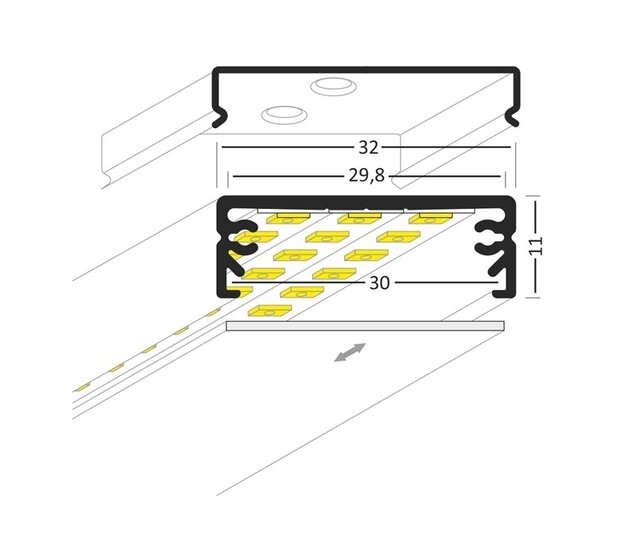 LED Streifenprofil XL 200 cm mit flacher Abdeckung 32 mm x 11 mm – Xl24ALU | Aluminiumprofil für LED-Beleuchtung, niedrige Abdeckung, 2 Meter, 32x11 mm, ideal für indirekte Beleuchtung LED Streifenprofil XL 200 cm mit flacher Abdeckung 32 mm x 11 mm – Xl24ALU | Aluminiumprofil für LED-Beleuchtung, niedrige Abdeckung, 2 Meter, 32x11 mm, ideal für indirekte Beleuchtung