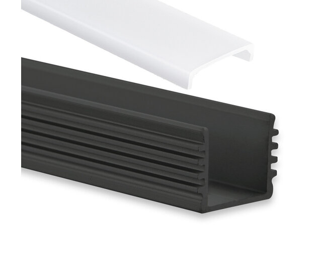 Schwarzes LED-Aluminiumprofil 16,80 mm x 16,80 mm mit flacher Opal-Abdeckung für LED-Streifen – 05.1SCHWARZ – ideal für indirekte Beleuchtung und Einbauleuchten Schwarzes LED-Aluminiumprofil 16,80 mm x 16,80 mm mit flacher Opal-Abdeckung für LED-Streifen – 05.1SCHWARZ – ideal für indirekte Beleuchtung und Einbauleuchten