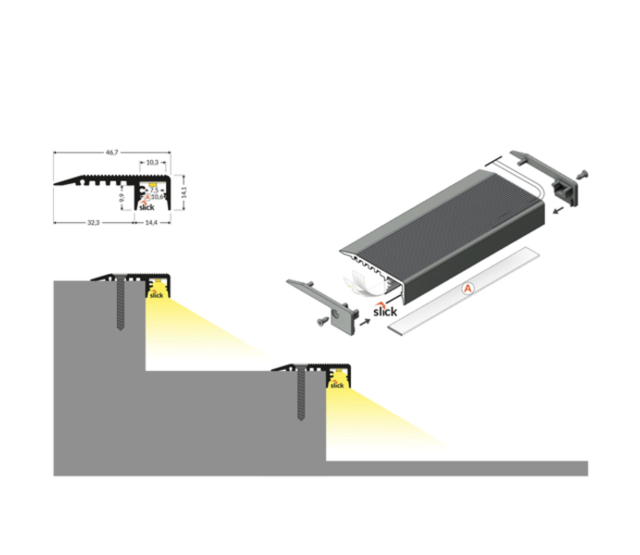 LED Treppenprofil 2 Meter mit Klickabdeckung, 46,6 mm x 14,1 mm – M10ALU, Aluminium, für LED Streifen, Treppenbeleuchtung, IP65, inkl. Montagezubehör LED Treppenprofil 2 Meter mit Klickabdeckung, 46,6 mm x 14,1 mm – M10ALU, Aluminium, für LED Streifen, Treppenbeleuchtung, IP65, inkl. Montagezubehör