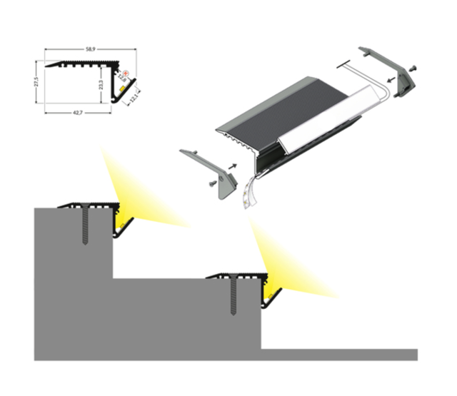 Schwarzes LED-Treppenprofil UP-BOLD12 K - 58,9 × 27,5 mm | inkl. opaler Abdeckung