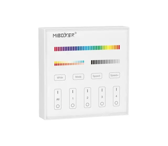 Draadloser LED-Wanddimmer Weiß B4 Miboxer – 4-Zonen-Steuerung für RGB+CCT LED-Streifen, 2,4 GHz Funk, kompatibel mit Smart Home, max. 144W/Zone, 12-24V DC, inkl. Fernbedienung Draadloser LED-Wanddimmer Weiß B4 Miboxer – 4-Zonen-Steuerung für RGB+CCT LED-Streifen, 2,4 GHz Funk, kompatibel mit Smart Home, max. 144W/Zone, 12-24V DC, inkl. Fernbedienung