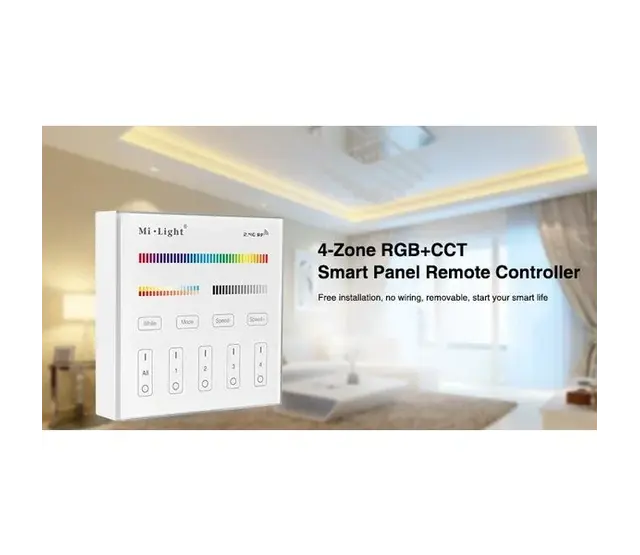 Draadloser LED-Wanddimmer Weiß B4 Miboxer – 4-Zonen-Steuerung für RGB+CCT LED-Streifen, 2,4 GHz Funk, kompatibel mit Smart Home, max. 144W/Zone, 12-24V DC, inkl. Fernbedienung Draadloser LED-Wanddimmer Weiß B4 Miboxer – 4-Zonen-Steuerung für RGB+CCT LED-Streifen, 2,4 GHz Funk, kompatibel mit Smart Home, max. 144W/Zone, 12-24V DC, inkl. Fernbedienung