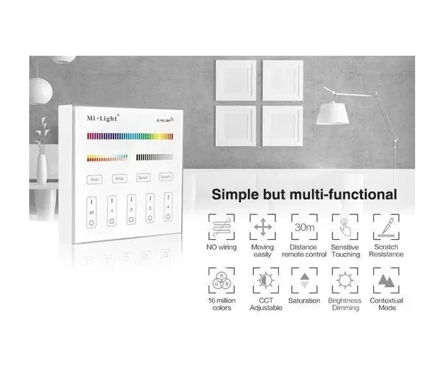 Draadloser LED-Wanddimmer Weiß B4 Miboxer – 4-Zonen-Steuerung für RGB+CCT LED-Streifen, 2,4 GHz Funk, kompatibel mit Smart Home, max. 144W/Zone, 12-24V DC, inkl. Fernbedienung Draadloser LED-Wanddimmer Weiß B4 Miboxer – 4-Zonen-Steuerung für RGB+CCT LED-Streifen, 2,4 GHz Funk, kompatibel mit Smart Home, max. 144W/Zone, 12-24V DC, inkl. Fernbedienung