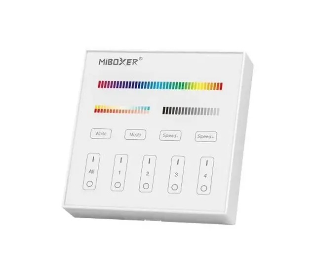 Draadloser LED-Wanddimmer Weiß B4 Miboxer – 4-Zonen-Steuerung für RGB+CCT LED-Streifen, 2,4 GHz Funk, kompatibel mit Smart Home, max. 144W/Zone, 12-24V DC, inkl. Fernbedienung Draadloser LED-Wanddimmer Weiß B4 Miboxer – 4-Zonen-Steuerung für RGB+CCT LED-Streifen, 2,4 GHz Funk, kompatibel mit Smart Home, max. 144W/Zone, 12-24V DC, inkl. Fernbedienung