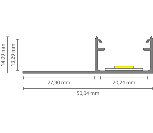 LED-Trockenbauprofil mit opaler Klickabdeckung, 50,14 mm x 14,09 mm – T3H Homam | LED-Streifen-Einbauprofil für Gipskartonplatten, präzise Maße nach DIN-Norm, inklusive opaker Abdeckung für gleichmäßige Lichtverteilung