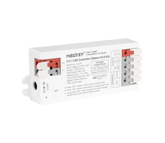 Professioneller Zigbee + 2,4 GHz 2-in-1 LED-Controller E2-ZR für LED-Streifen – Smart Home-fähig, dimmbar, kompatibel mit Alexa & Google Home, 24V/12V, max. 144W, RGB+CCT-Steuerung Professioneller Zigbee + 2,4 GHz 2-in-1 LED-Controller E2-ZR für LED-Streifen – Smart Home-fähig, dimmbar, kompatibel mit Alexa & Google Home, 24V/12V, max. 144W, RGB+CCT-Steuerung
