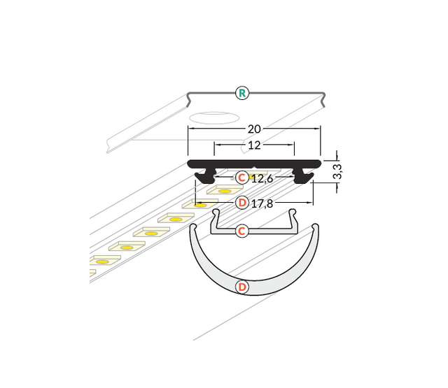 Schwarzes LED-Aluminiumprofil mit halbrunder Opal-Abdeckung, 200 cm, 20 mm x 3,3 mm, für LED-Streifen, F12ZWART, hochwertige Lichtstreuung, ideal für indirekte Beleuchtung Schwarzes LED-Aluminiumprofil mit halbrunder Opal-Abdeckung, 200 cm, 20 mm x 3,3 mm, für LED-Streifen, F12ZWART, hochwertige Lichtstreuung, ideal für indirekte Beleuchtung